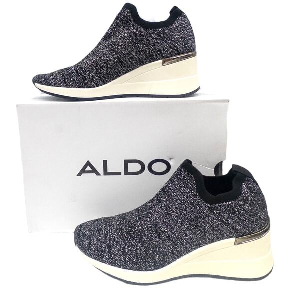 Aldo Tatiana Sock Sneaker Wedge Heel Black Silver Metallic Sparkle  Women's 8.5 - Picture 1 of 6